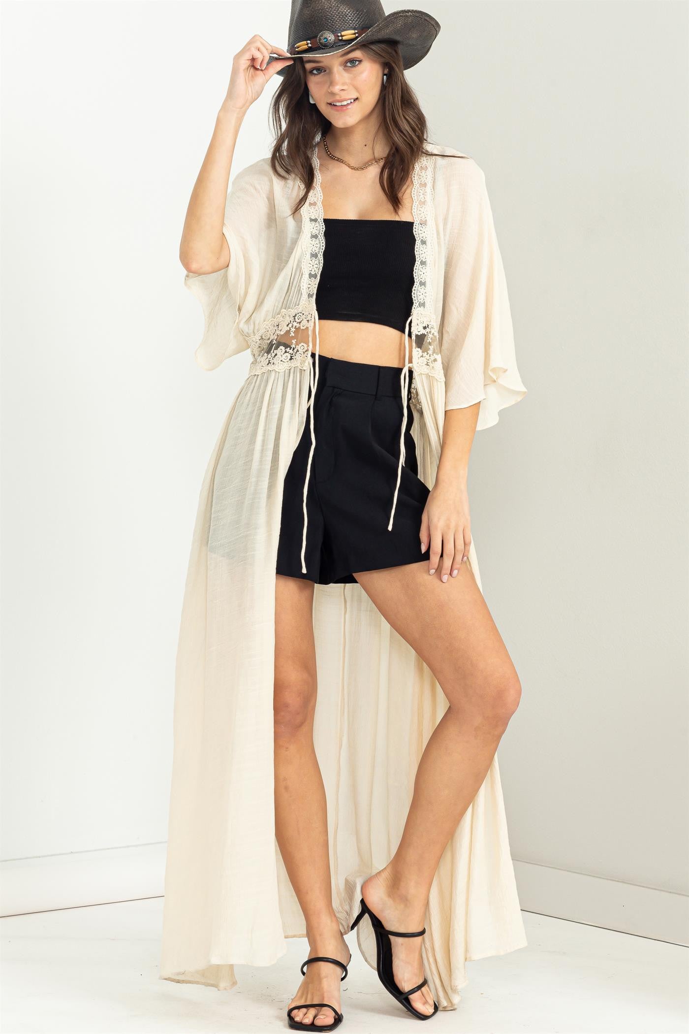 LEAD ME ON TIE-FRONT LACE LONG DUSTER Vanilla sale