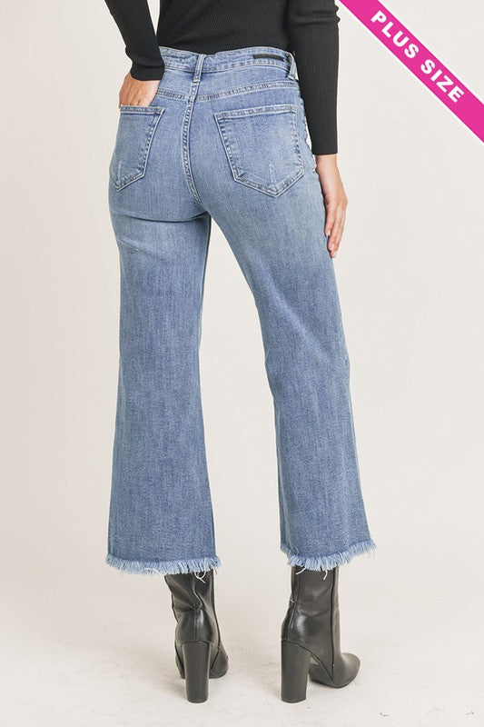 Risen High Waisted Frayed Ankle Wide Leg Jeans