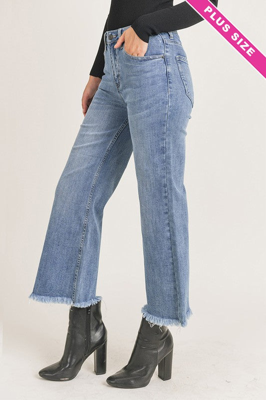 Risen High Waisted Frayed Ankle Wide Leg Jeans