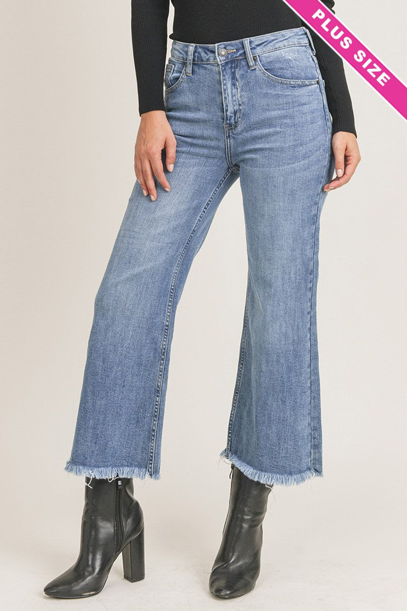 Risen High Waisted Frayed Ankle Wide Leg Jeans