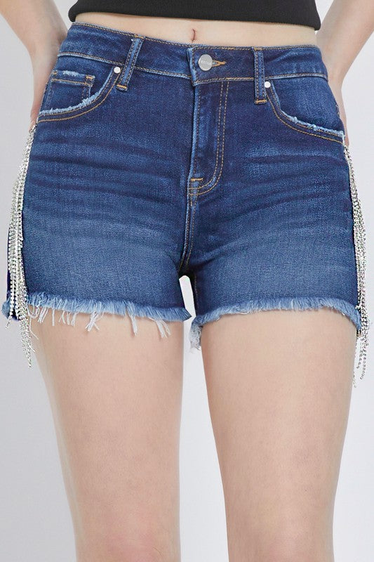 Risen High Rise Rhinestone Fringe Shorts sale