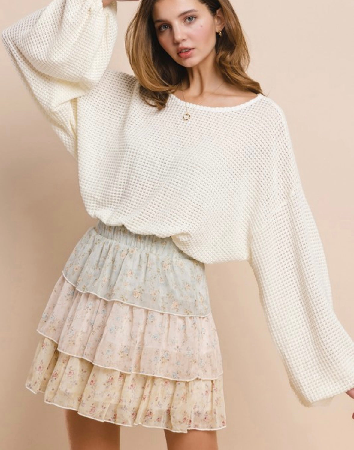 Wisteria Lane waffle knit bubble sleeve top NEW