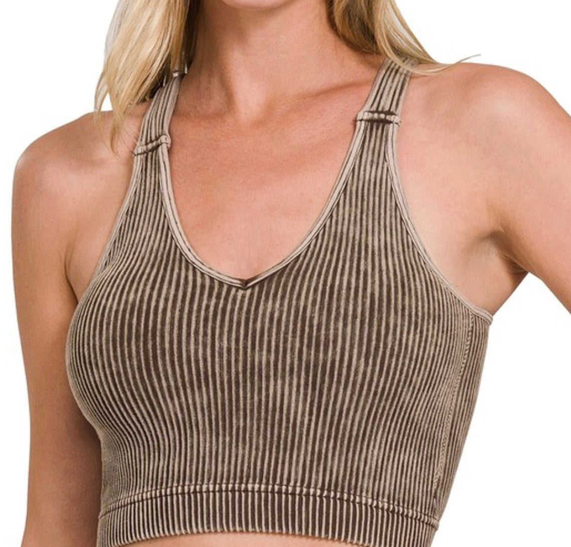 ZENANA padded WASHED RIBBED CROPPED TANK TOP