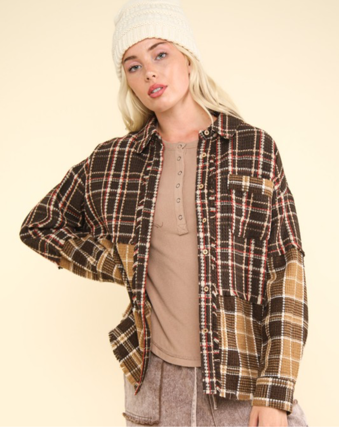 Very J Mixed Plaid Oversized Shacket Jacket NEW