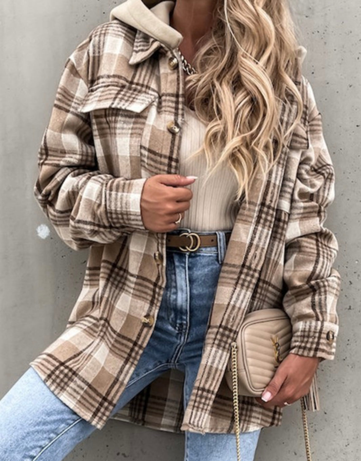 Detachable hoodie loose flannel Shacket