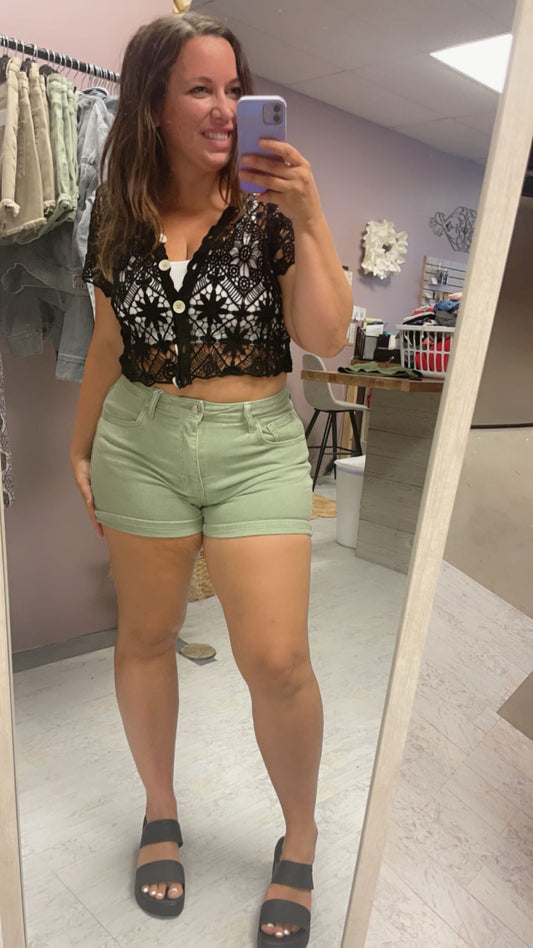 Risen high rise cuffed olive green shorts sale