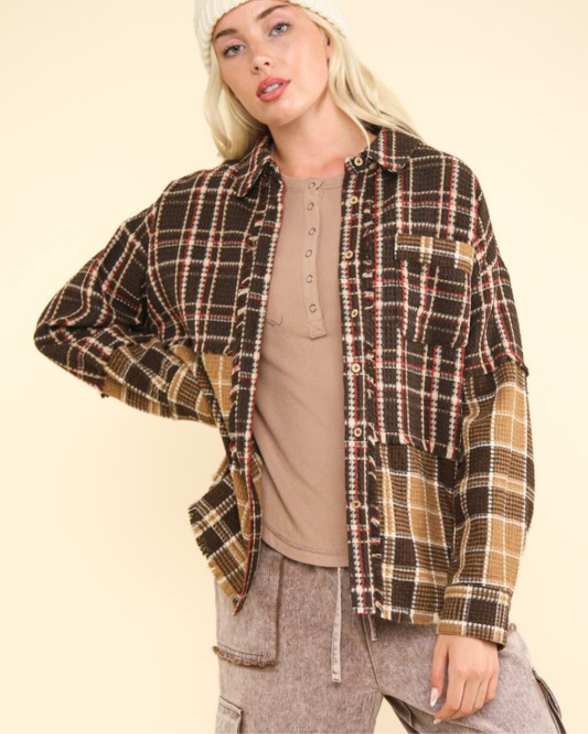 Very J Mixed Plaid Oversized Shacket Jacket NEW