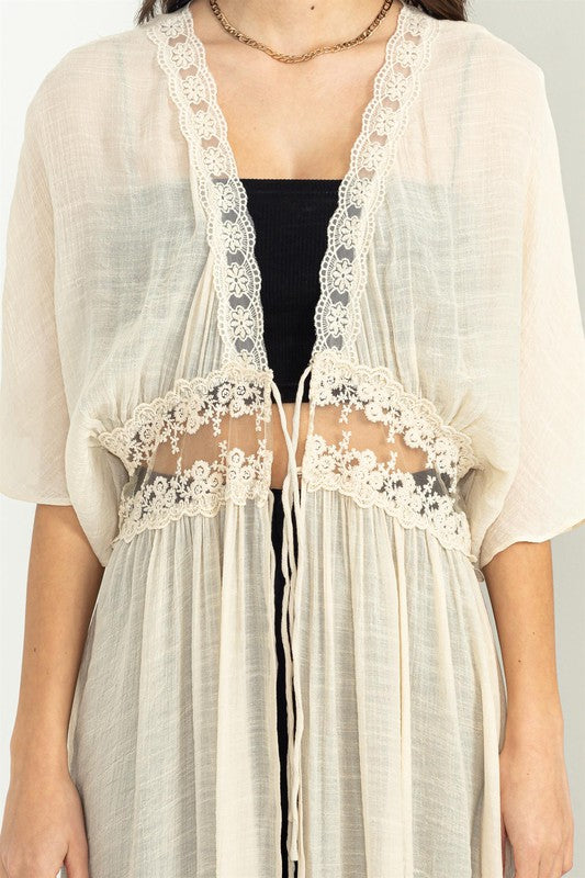 LEAD ME ON TIE-FRONT LACE LONG DUSTER Vanilla sale