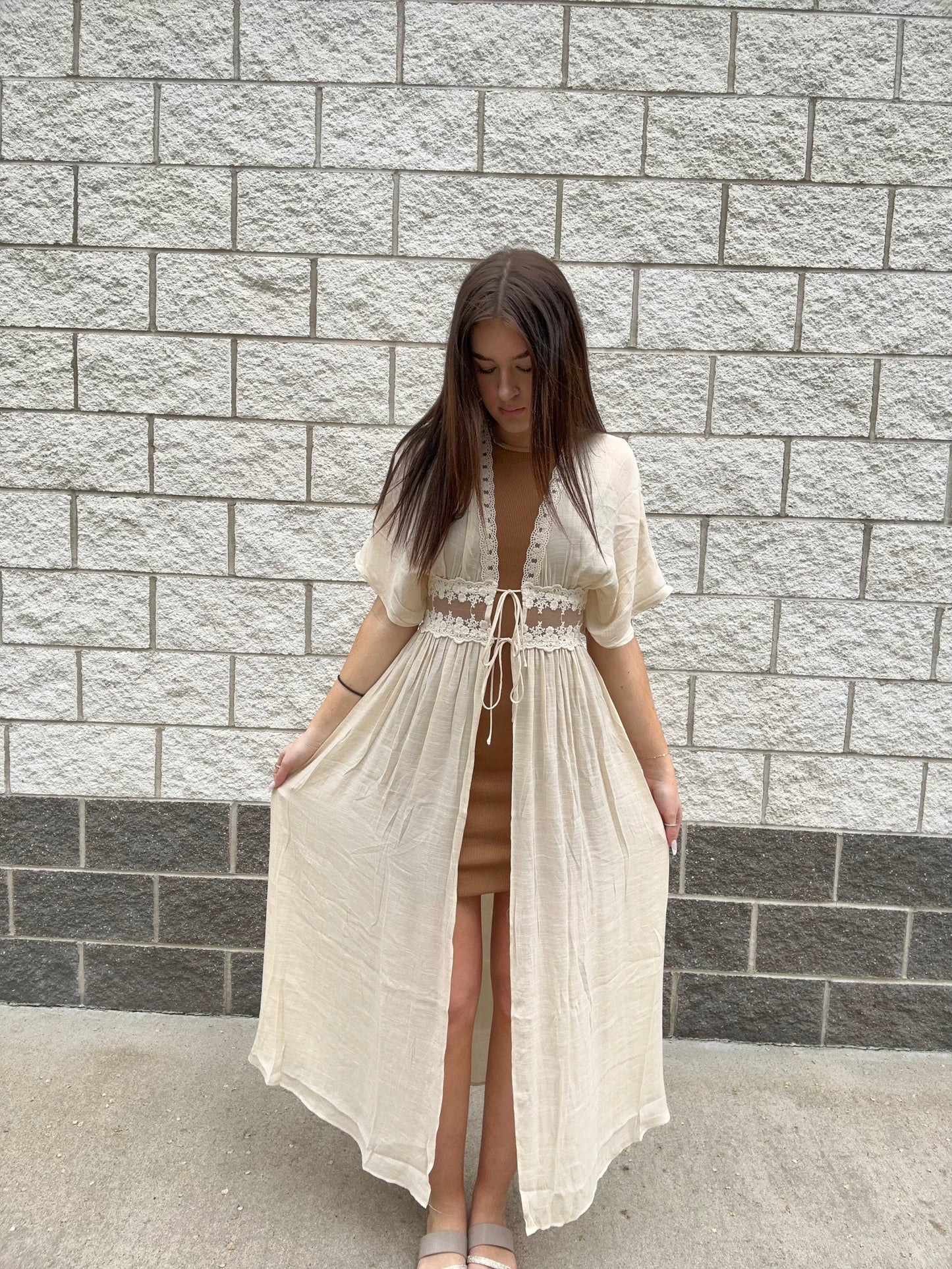 LEAD ME ON TIE-FRONT LACE LONG DUSTER Vanilla sale