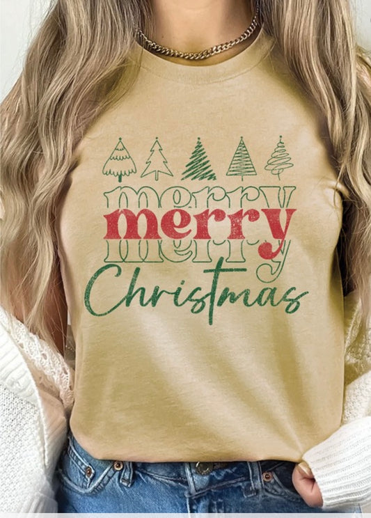 Merry Christmas tan tree graphic T shirt sale