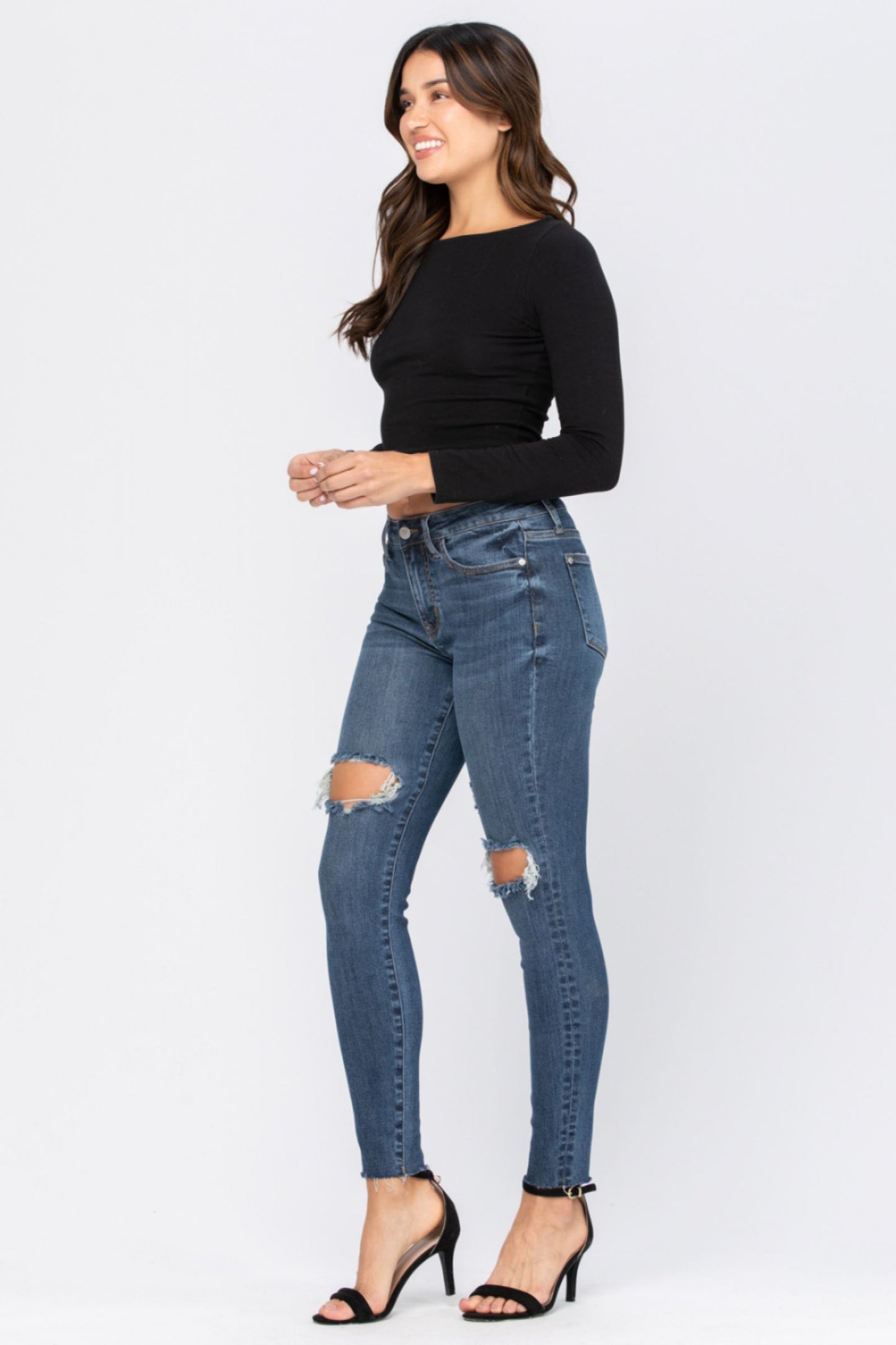 Judy Blue *8877 Distressed Knee Skinny High Rise Jeans sale