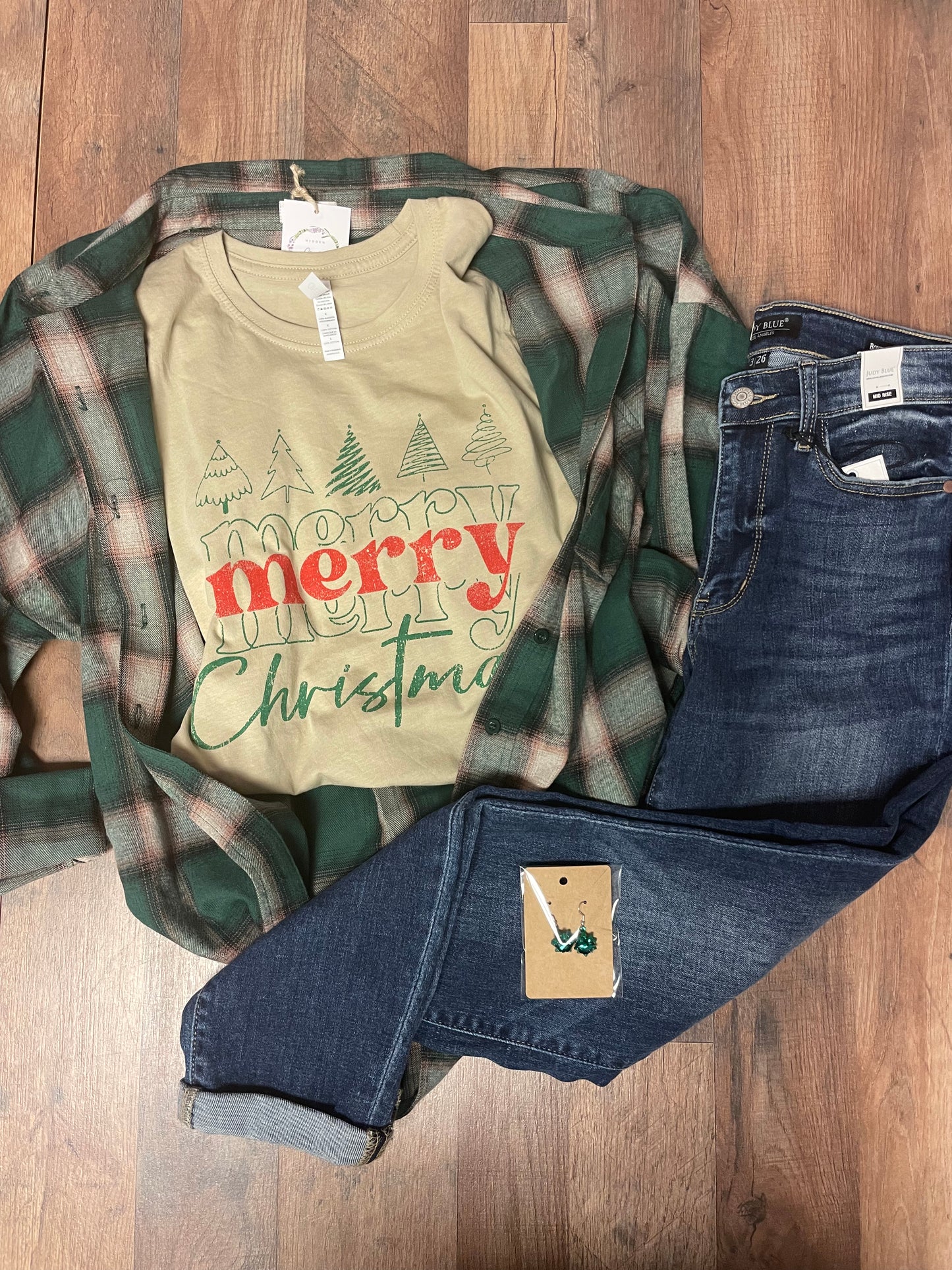 Merry Christmas tan tree graphic T shirt sale