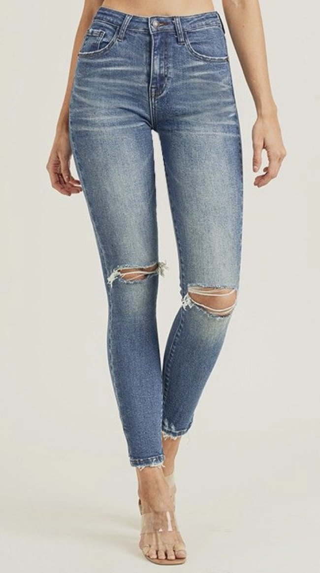 RISEN HIGH RISE KNEE DISTRESSED SKINNY Jeans REG/PLUS sale